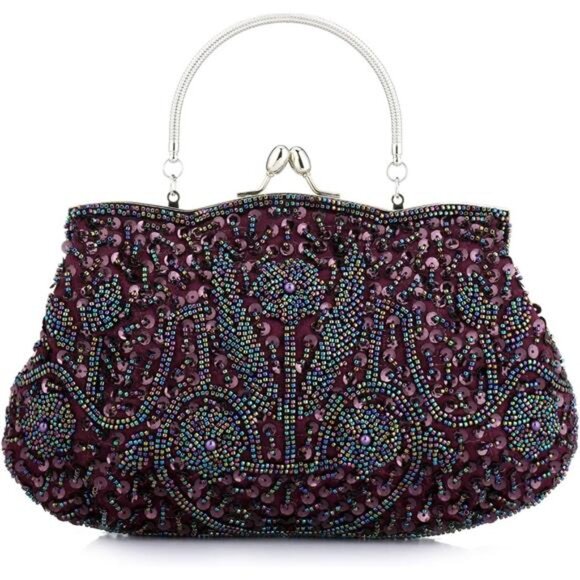 Handbags - Floral Bag Beaded Sequin Design Purple